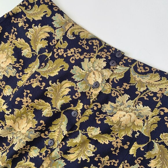 Vintage Floral Navy Button Up Skirt Smock Academia Prep Coastal Cowgirl Western - Picture 4 of 15
